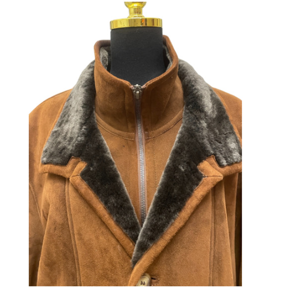 SHEARLING Original LAMBSKIN Sherpa Men's Coat Brown Suede Collar Sz 58 - Picture 5 of 11